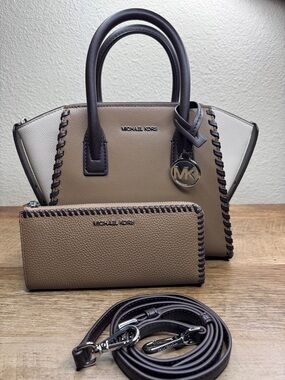 Michael Avril Kors Taupe, Cream & Dark Brown Whipstitch Satchel with Wallet